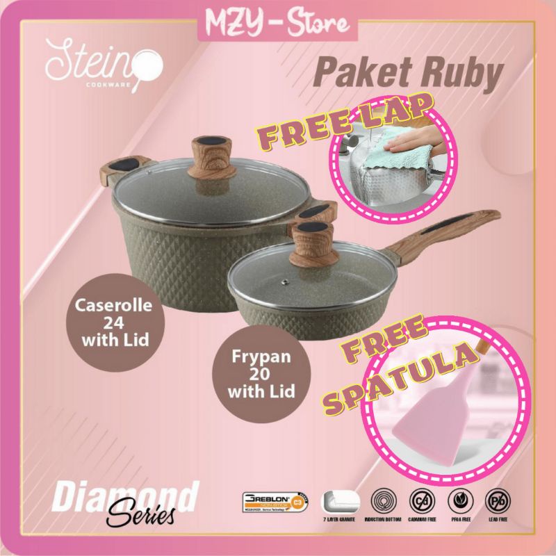 (4x FREE) Stein Paket Ruby Steincookware Paket Ruby Diamond Series ( Casserole 24 + Frypan 20 )