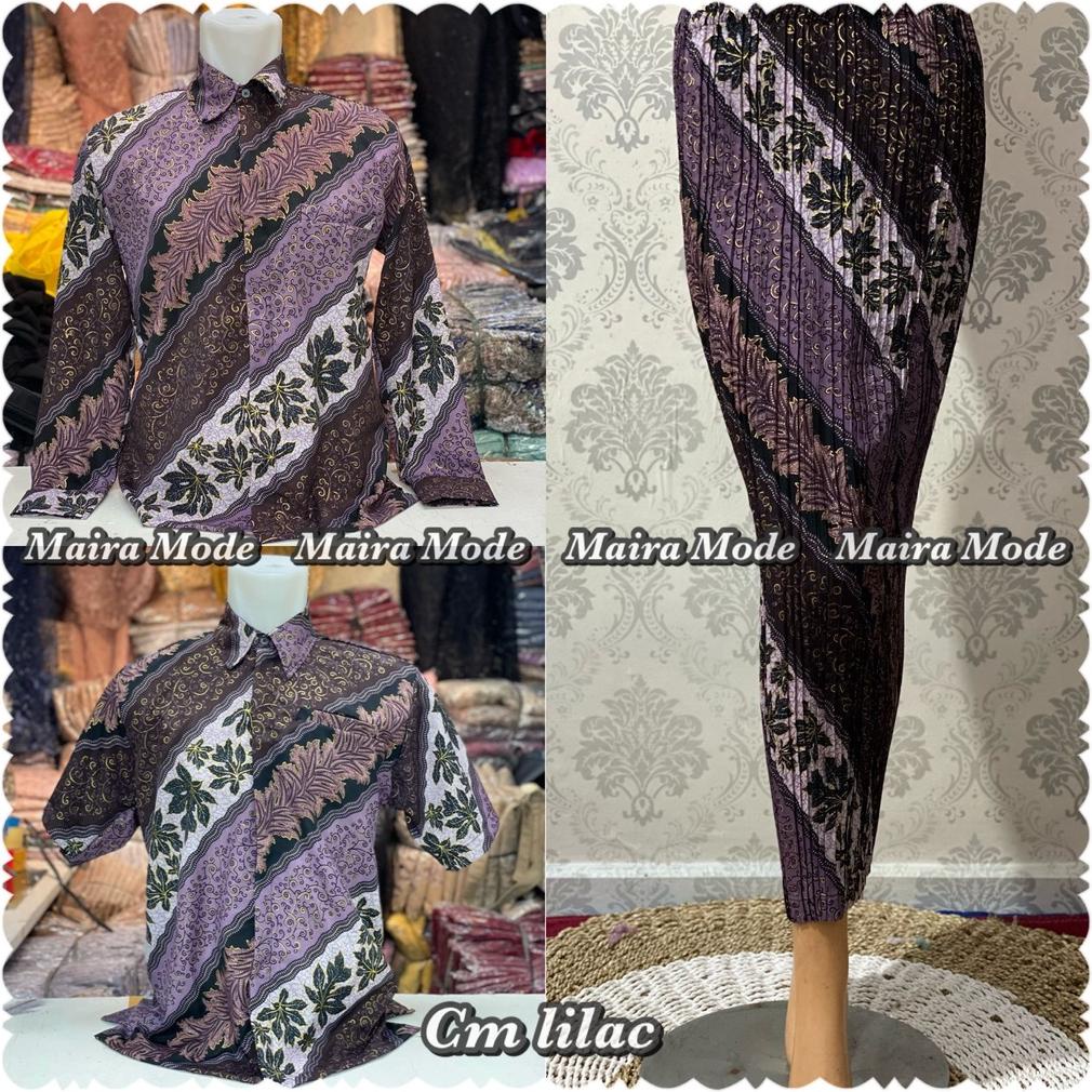 Couple Batik Kemeja Dan Rok Plisket / Set Rok Plisket Dan Kemeja Batik / Motif Cm Lilac