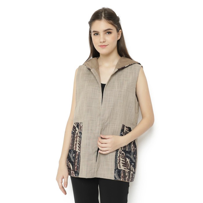 Jaket Batik Wanita Hoodie Kutung Tanpa Lengan Kombinasi Topi Krem GESYAL
