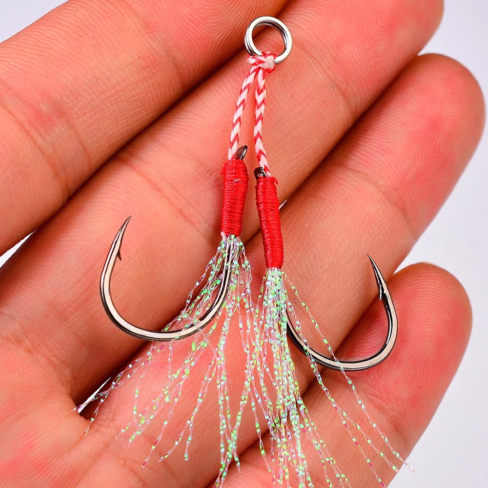 REBUY Fishing Tackle Fishing Jigging Hook Fishing Lure Jig Head Hook Double Jig Hooks Slow Jigging Fishing Hook High Carbon Steel Pesca Thread Feather Fishing Accessories Double PairHooks