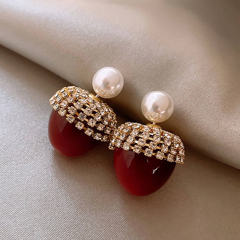 Fancyqube Anting Stud Kristal Mutiara Berlian Imitasi Model Pita Bunga Cherry Merah Untuk Wanita