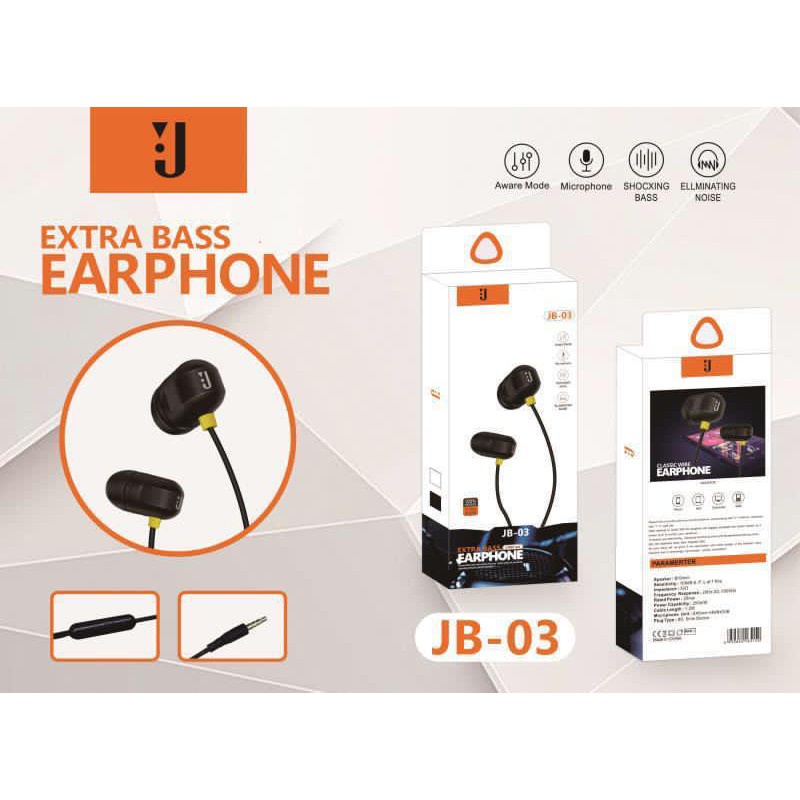 Earphone J03 stereo bass music telfon headset mic