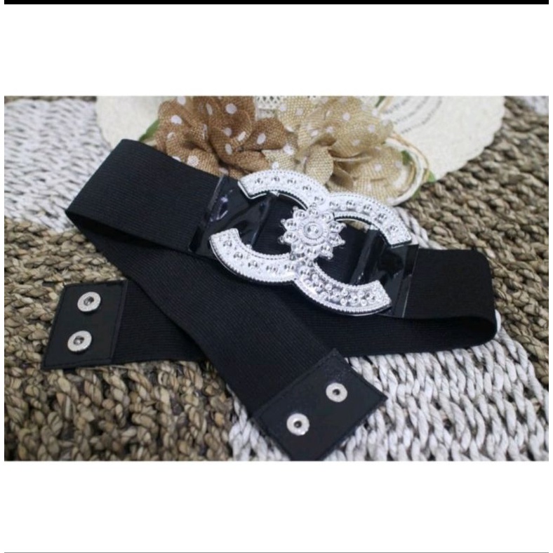 BELT KEPALA EMAS / SILVER CC. HS. V. CG. KARET HITAM ELASTIS IKAT PINGGANG WANITA