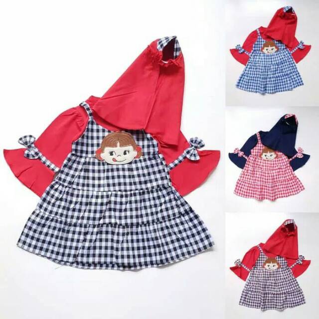 Baju Muslim Anak Bayi Perempuan Cewek Gamis Overall Kotak Jilbab