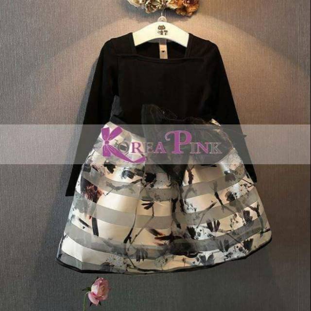 SALE DRESS ANAK KOREA PINK HITAM PUTIH MOTIF PITA, BUNGA, POLKADOT, KOTAK &GARIS