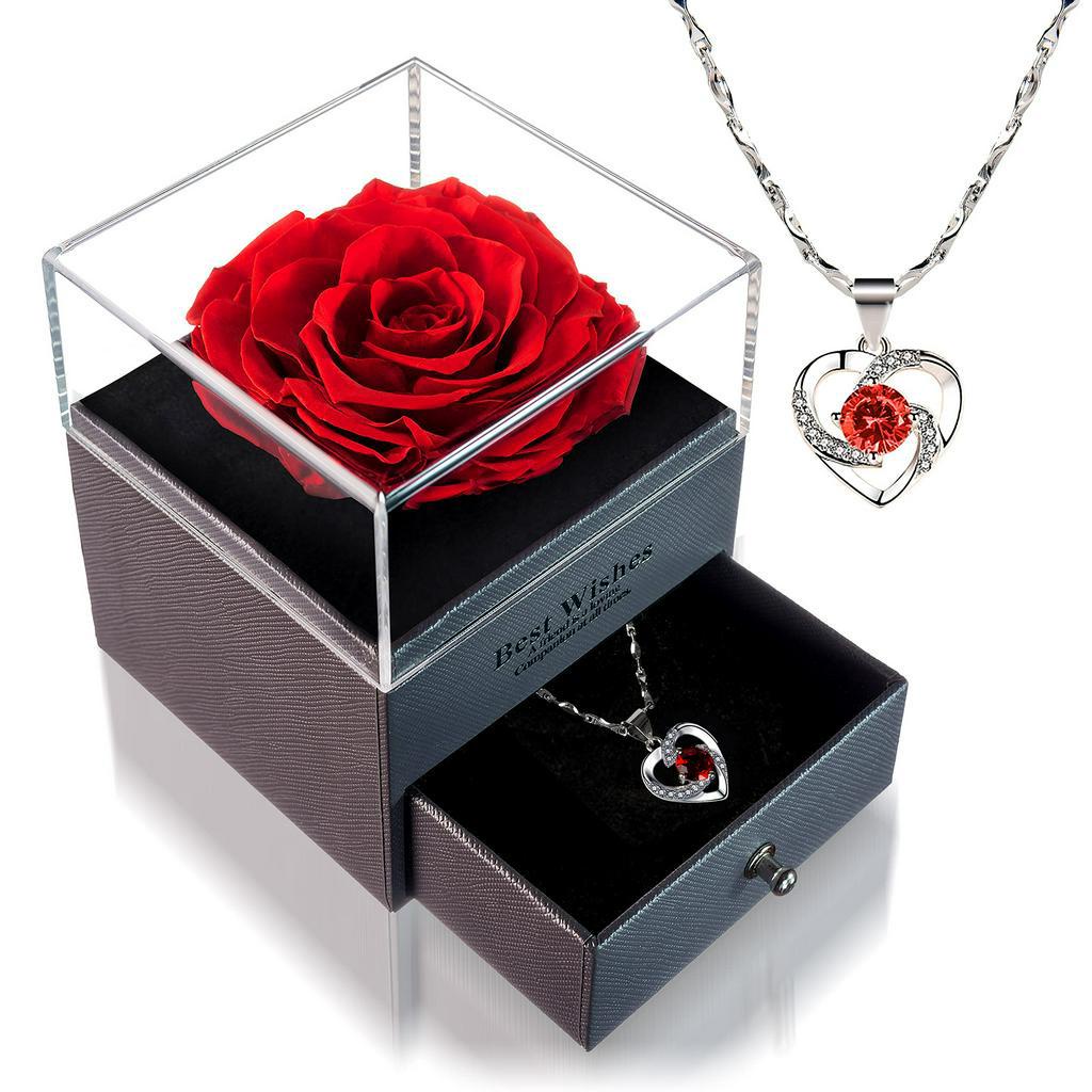 Hadiah Untuk Cewek Mawar Abadi yang Diawetkan Selamanya Tulang selangka berbentuk hati with kalung Rose dalam Kotak Cinta Terbuat dari Mawar Kecantikan Segar Sejati - Kado Romantis untuk Wanita, Wanita, Ibu