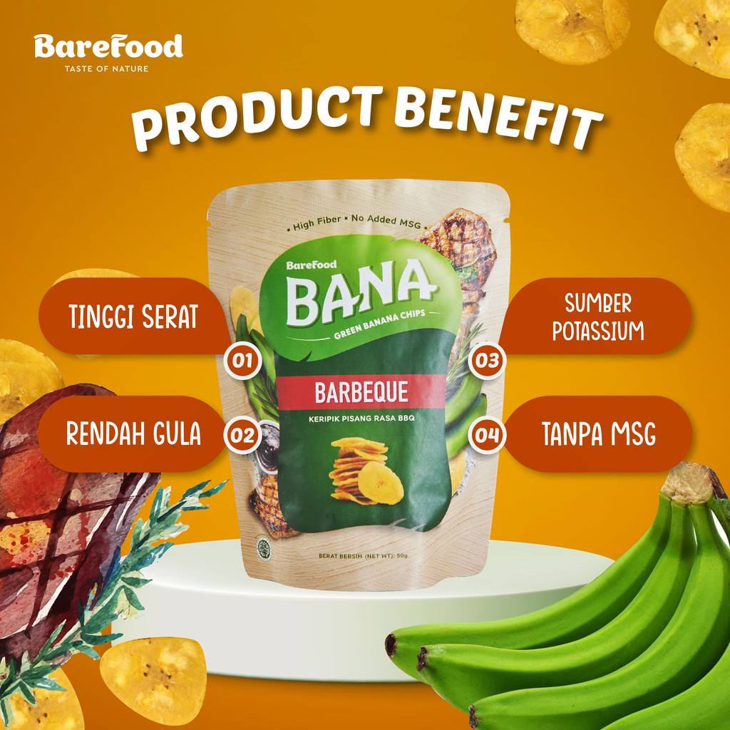 BANA Healthy Banana Chips 50g - Keripik Pisang - Roasted Corn/Barbeque BBQ - Cemilan Sehat Barefood