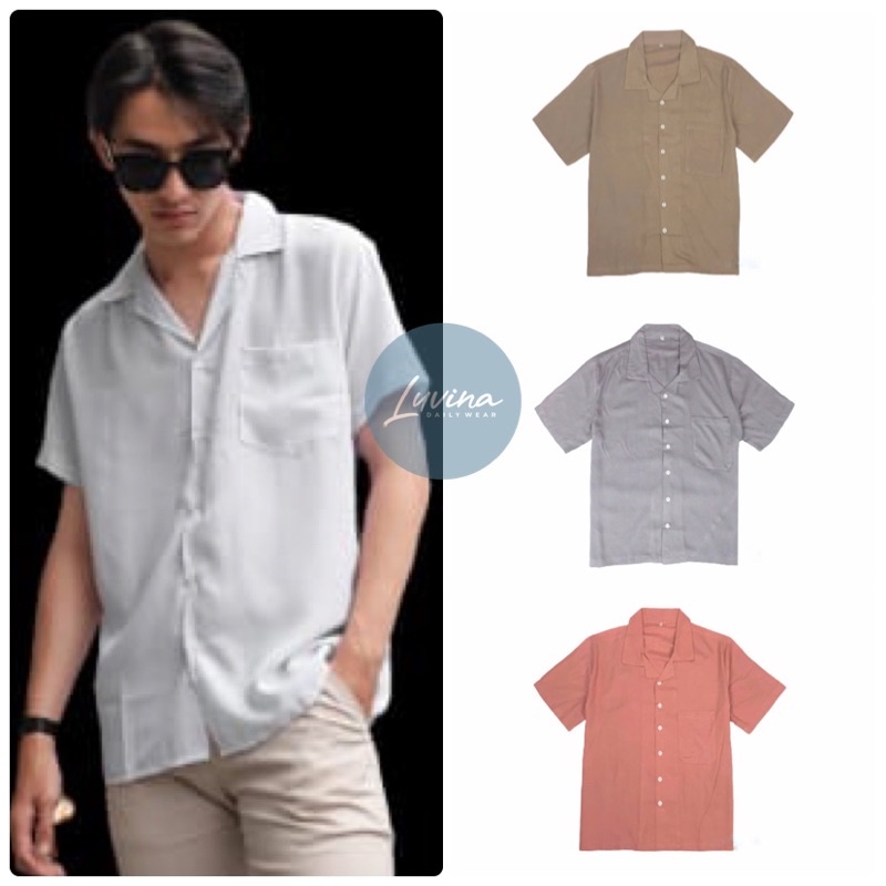 Kemeja Hawai Pria Lengan Pendek Rayon Oversize Hem Bowling Shirt Polos Modern Premium