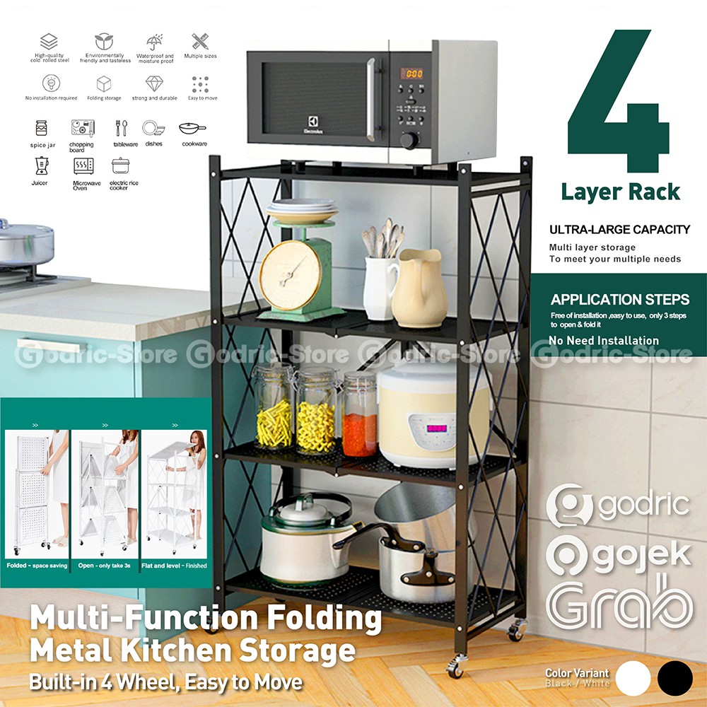 Rak Dapur Lipat Multifungsi 4 Layer Metal Rack Penyimpanan Oven Microwave Etc (tanpa Instalasi)