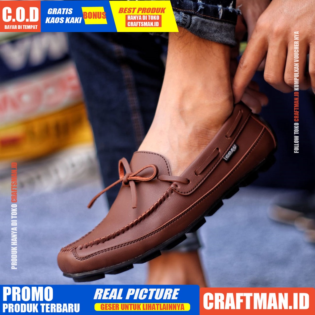 HOUSTON Sepatu Slip On Pria Kulit Asli Sepatu Pria Casual Pantofel Kerja Sepatu Kasual Santai Kuliah Kondangan Semi Formal Gaya Keren Kekinian