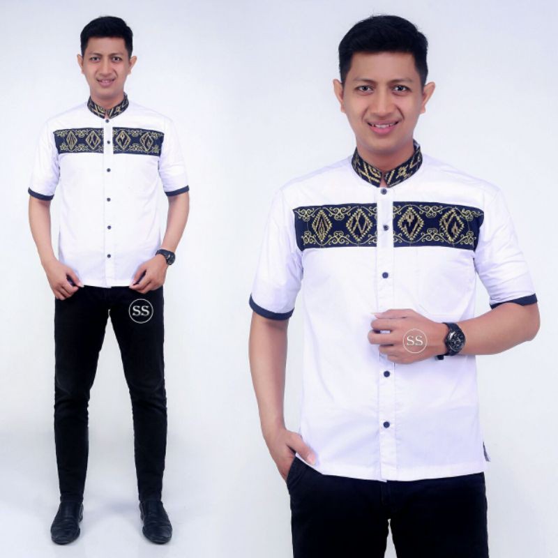 HEM BATIK PRIA/COWOK LENGAN PENDEK KOMBINASI WARNA HITAM EMAS MURAH