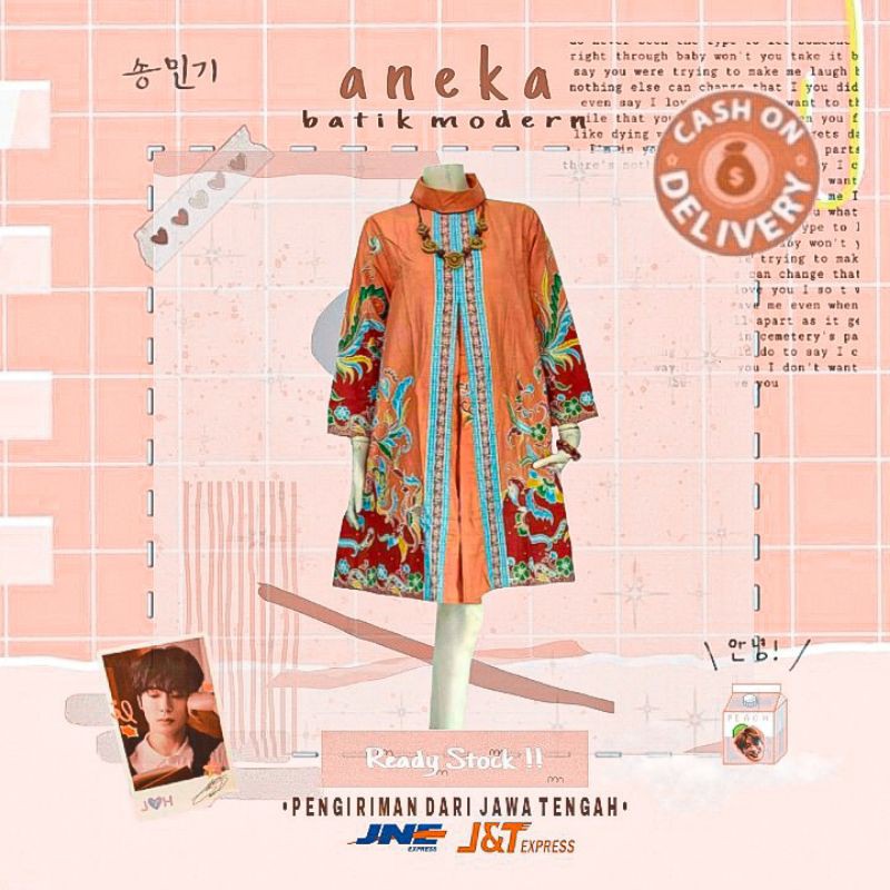 DRESS BATIK WANITA UNGGUL JAYA SELUTUT KONDANGAN KERJA KANTOR WARNA ORANGE OREN MIX BIRU MERAH PEACH