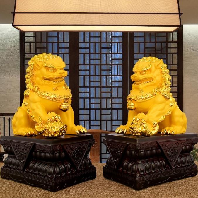 Patung Fu Dog Emas Sepasang Pajangan Qilin Singa Fu Hoki Hongsui KAYU