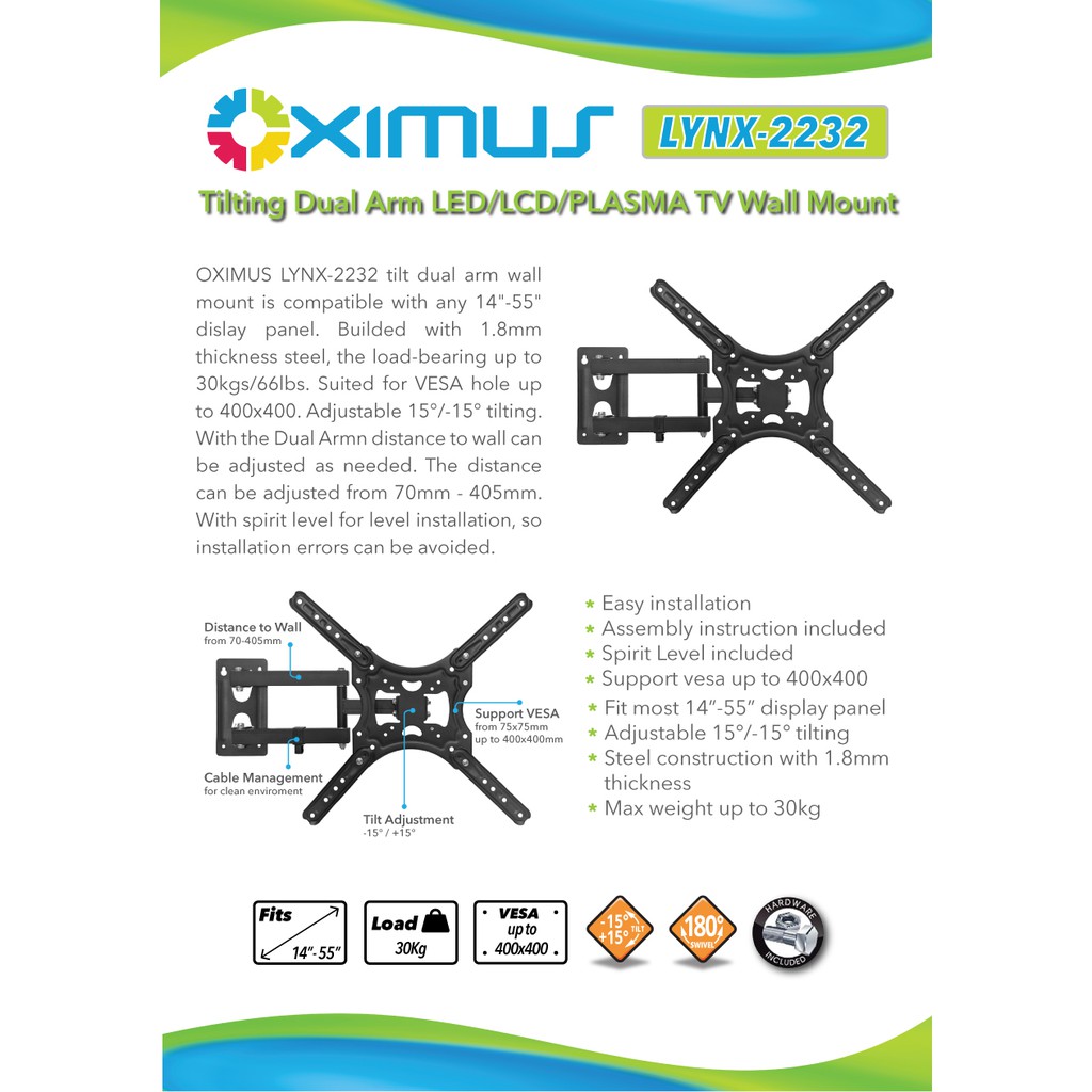 Bracket TV Monitor LED LCD Swivel Oximus Lynx 2232 Tilt  24 29 32 40 43 49 50 52 55 inch