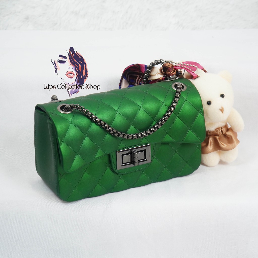 Tas Jelly Matte Maxi Kotak Uk 18 Cm Rantai Hitam (Gratis Boneka &amp; Syal)