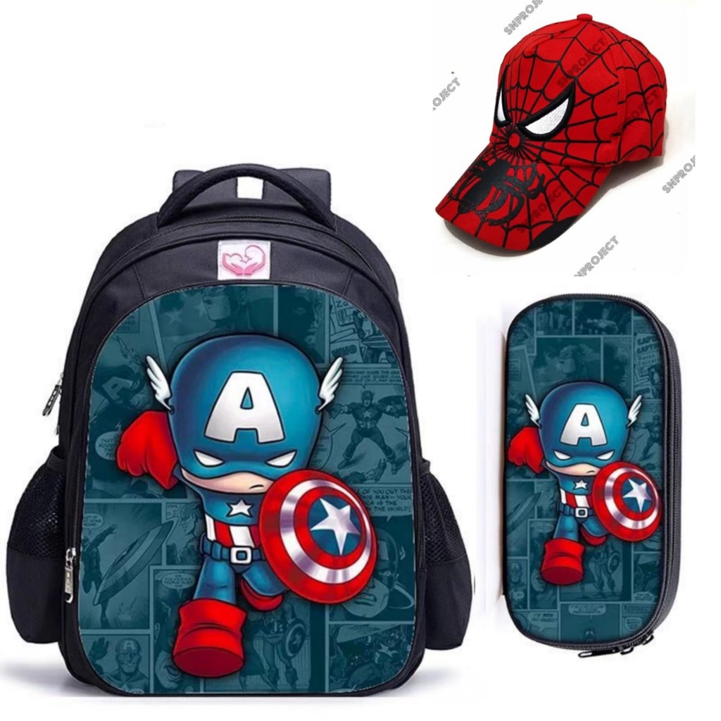 Tas Ransel Sekolah Dan Topi Anak Laki Laki Captain Amerika Paud TK SD