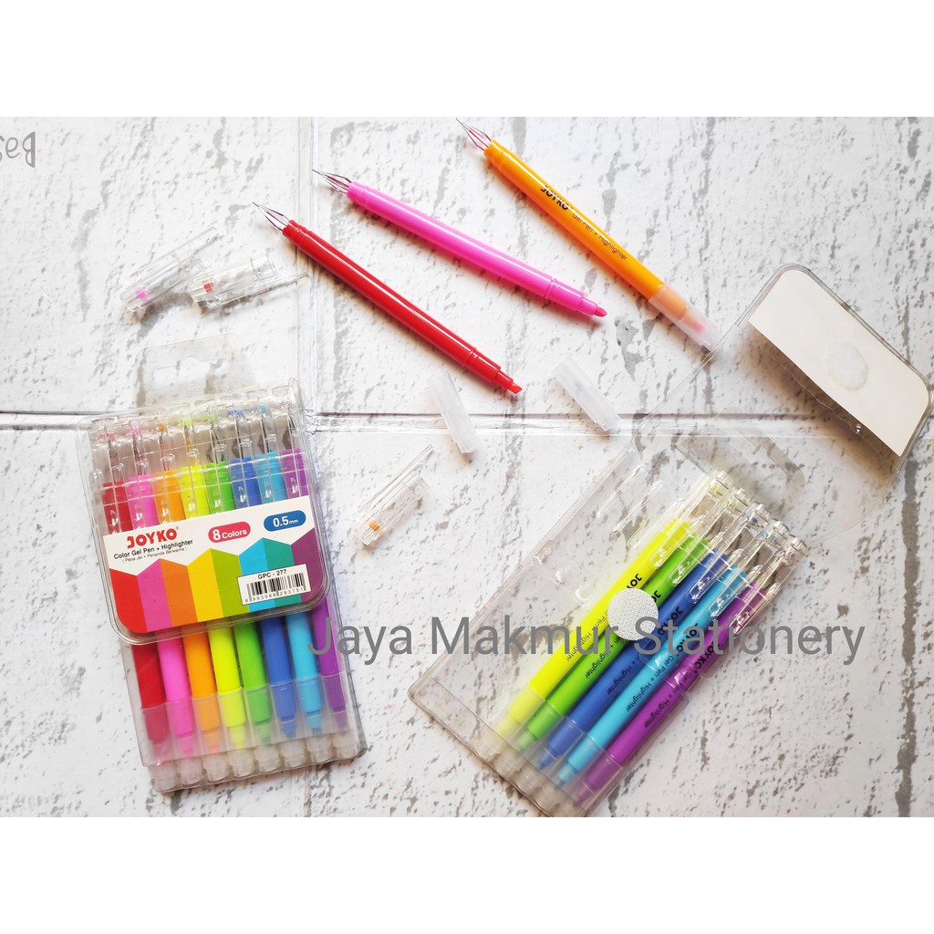 Pen gel + highlighter joyko set 8 warna 0.5 mm GPC-277