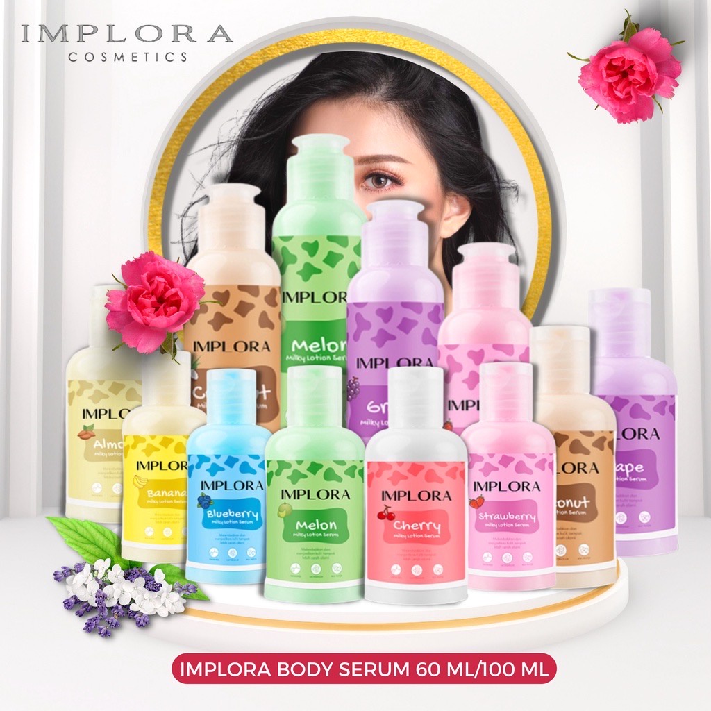 IMPLORA Milky Lotion Serum Indonesia / 60ml 100ml Almond Banana Blueberry Cherry Coconut Grape Melon Strawberry / Niacinamide Lactobacillus Milk Protein / Melembabkan Mencerahkan / Skincare Body Care Cream Butter Perawatan Treatment Kulit Tubuh Susu Paket