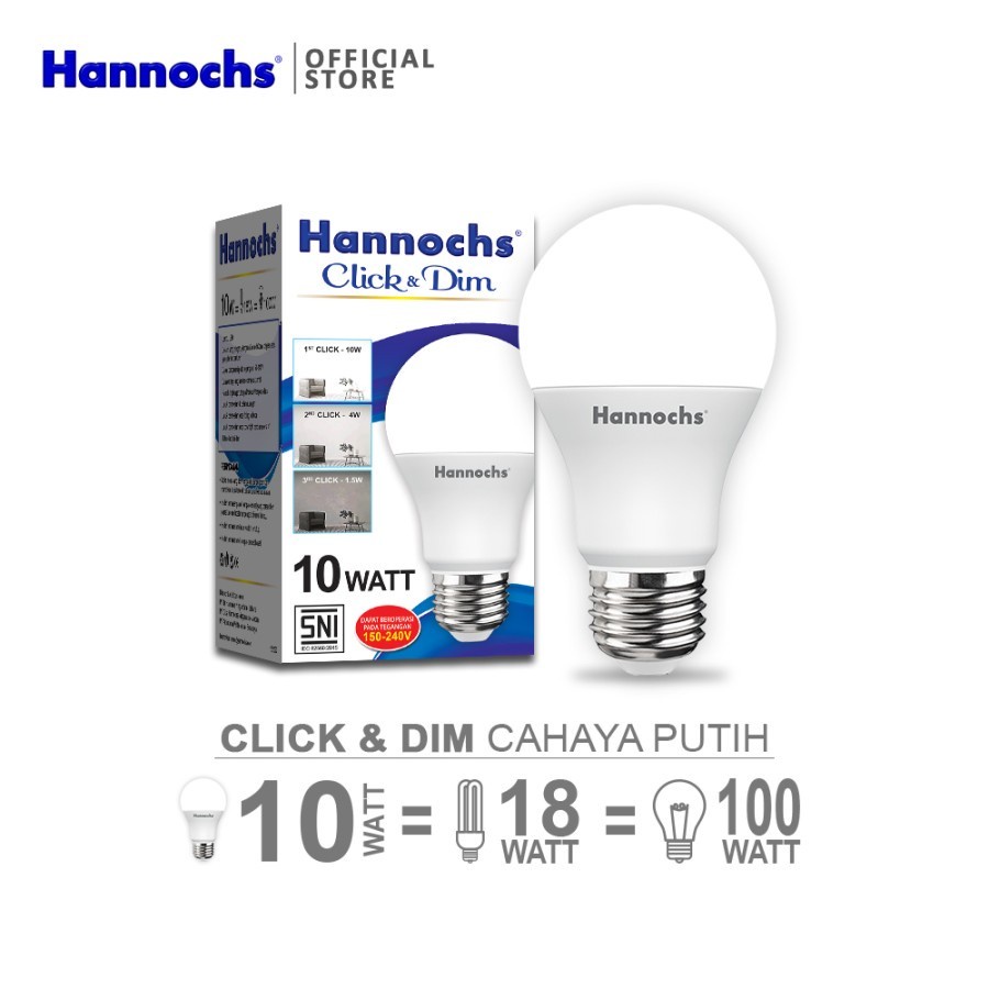 Hannochs Lampu LED Click &amp; Dim 10 watt - 3 tingkat kecerahan - putih