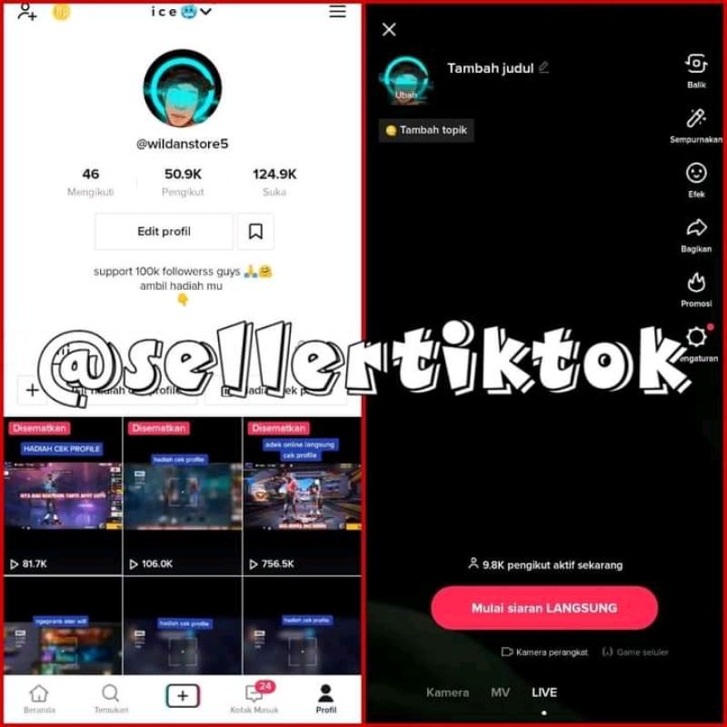 Akun tiktok 50K followers Bisa live Fitur Komplit Garansi