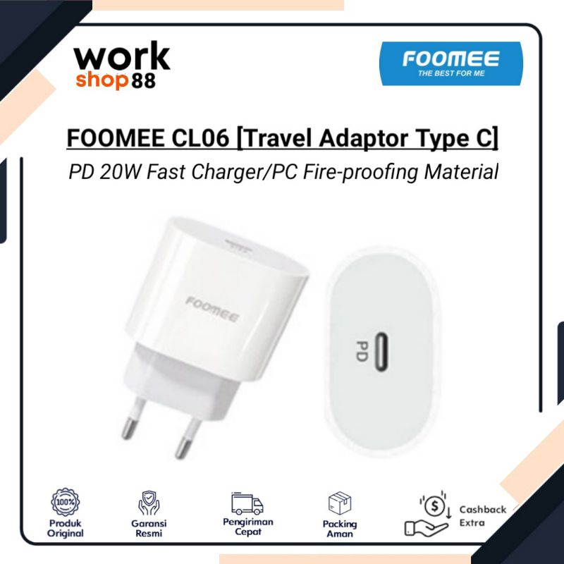 Baru FOOMEE CL06 Travel Adaptor support Android PD 20W Fast Charger Output Type C - New Original Gar
