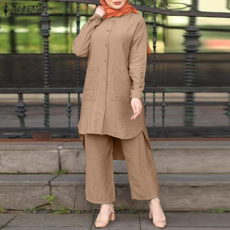 ZANZEA Women Full Sleeved Casual Loose Solid Blouse Suits Muslim Sets