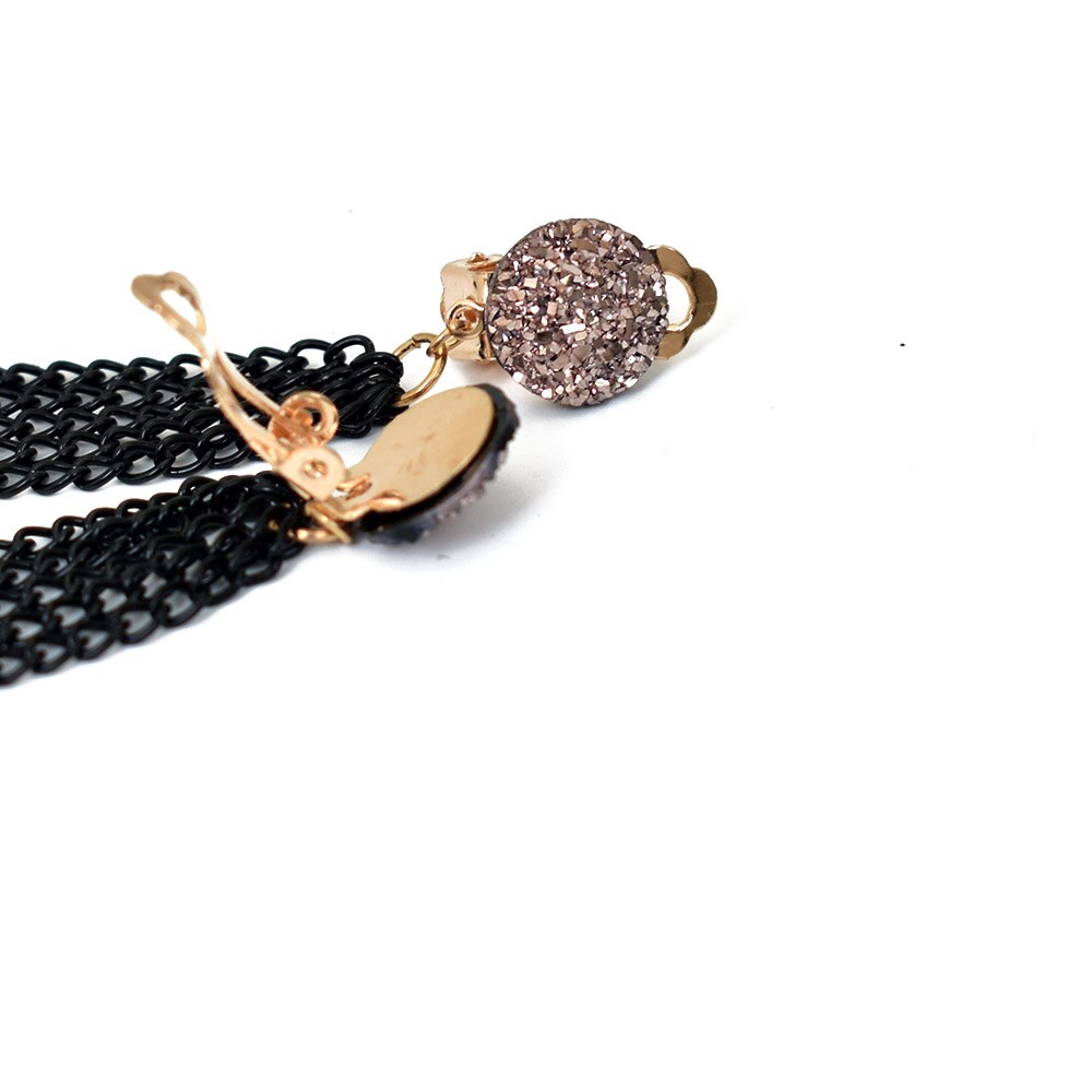 Anting Klip Tanpa Tindik Model Rumbai Panjang Warna Hitam Untuk Wanita
