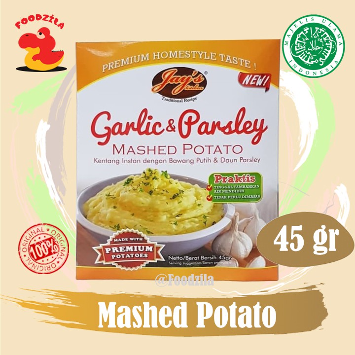 

Jay's Mashed Potato Garlic & Parsley 45 GR Bubuk Kentang Instan Rasa Bawang Putih Dan Parsley