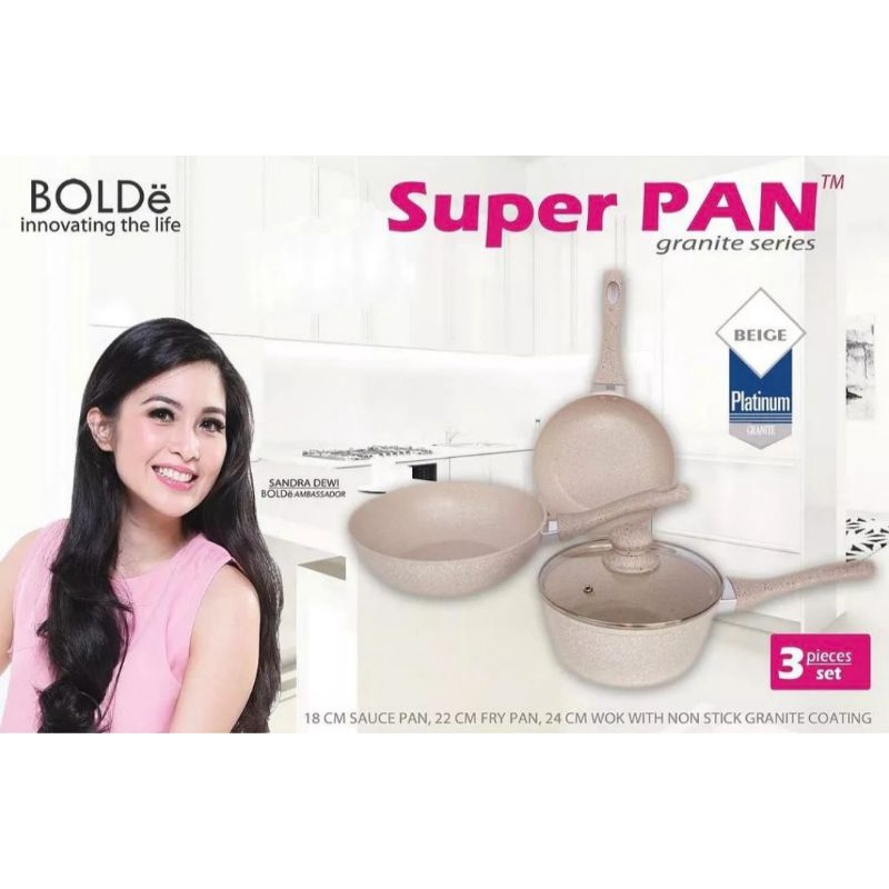 Panci Penggorengan BOLDe Super Pan Granite Panci Set 3 + 1 Beige Wajan Goreng