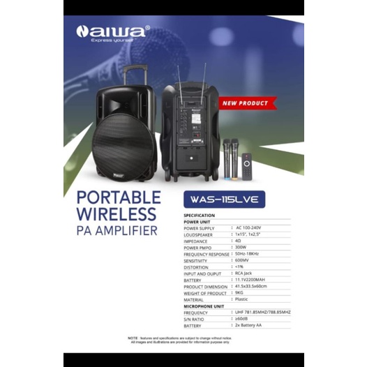 Speaker Portable AIWA WAS 115LVE WAS 115 LVE 15inch  USB-BLUETOOTH