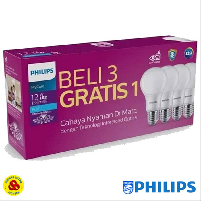 Philips Lampu Led Mycare 12W Putih Paket LED Bulb 12 Watt Isi 4 Cool Day Light