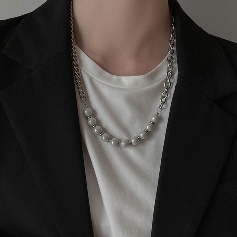 Reflective Pearl Necklace Accessories Hip Hop Fashion Simple Trendy Personality Chain