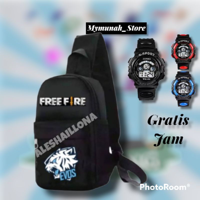 WAISTBAG/Tas selempang/tas bahu/tas pinggang anak laki-laki karakter FREE FIRE/gratis jam sport anak