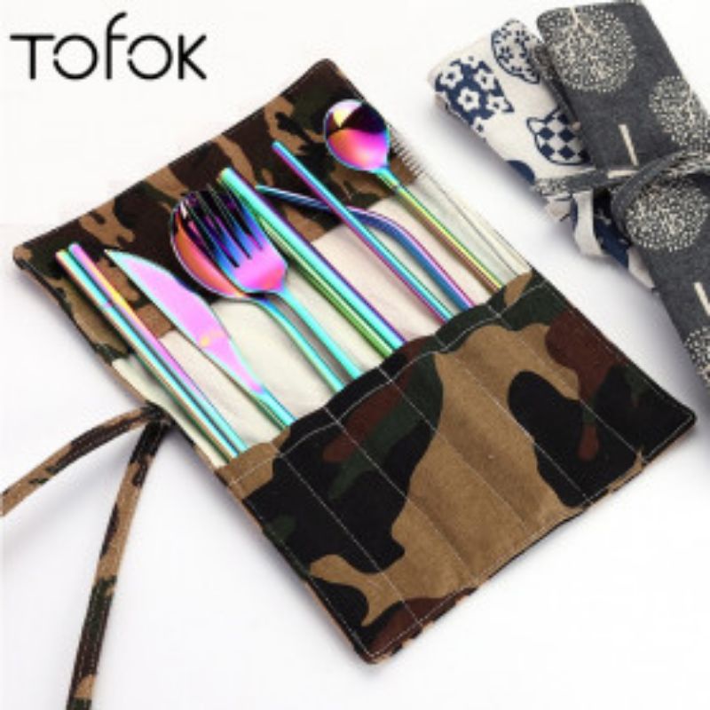 Set Perlengkapan Makan Sendok Garpu Army Cloth Bag 9PCS - T1 - Golden