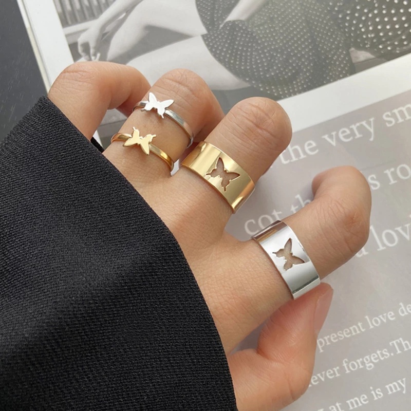 YEEZII Set Cincin Model Terbuka Desain Kupu-Kupu Warna Emas Gaya Retro Untuk Wanita