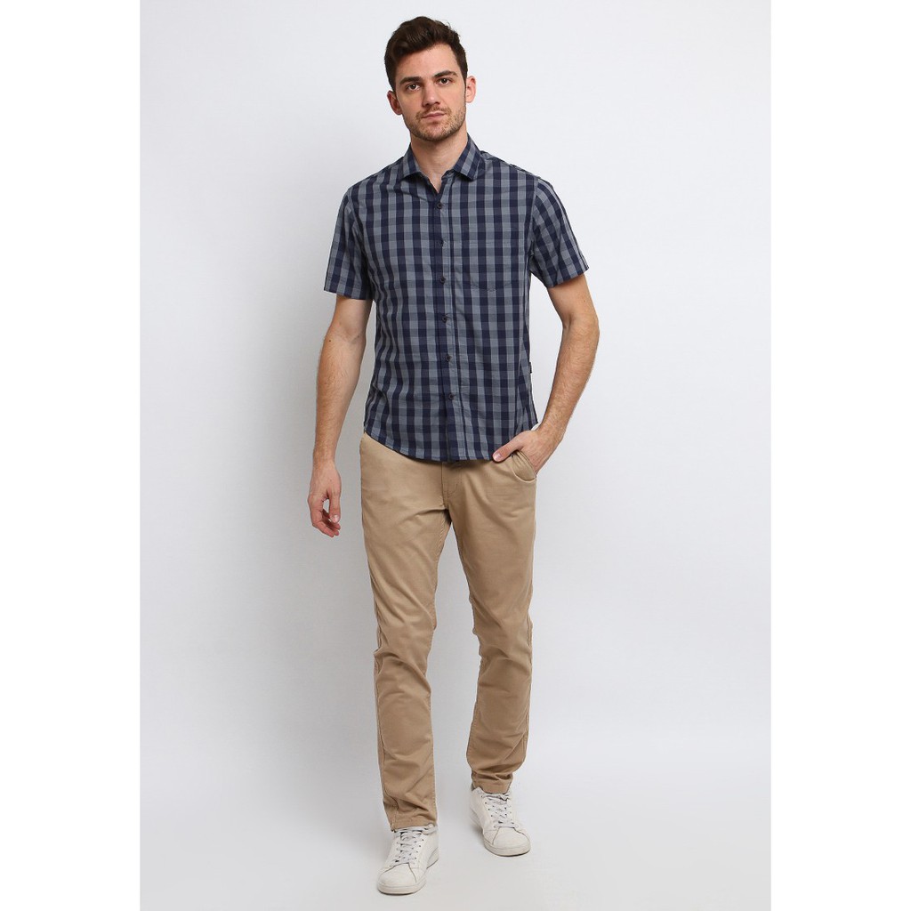 Arnett Baju Pria Kemeja Lengan Pendek Kotak-Kotak Navy Original