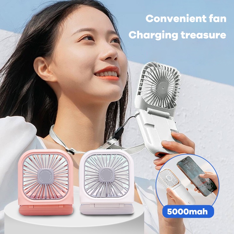 3In1 Mini Cooling Fan Foldable Neck Hanging Fan USB Adjustable Rechargeable Air Cooler Phone Holder