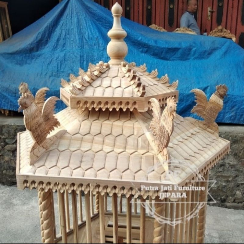 Sangkar burung motif ayam - Kandang ayam bekisar bahan kayu jati