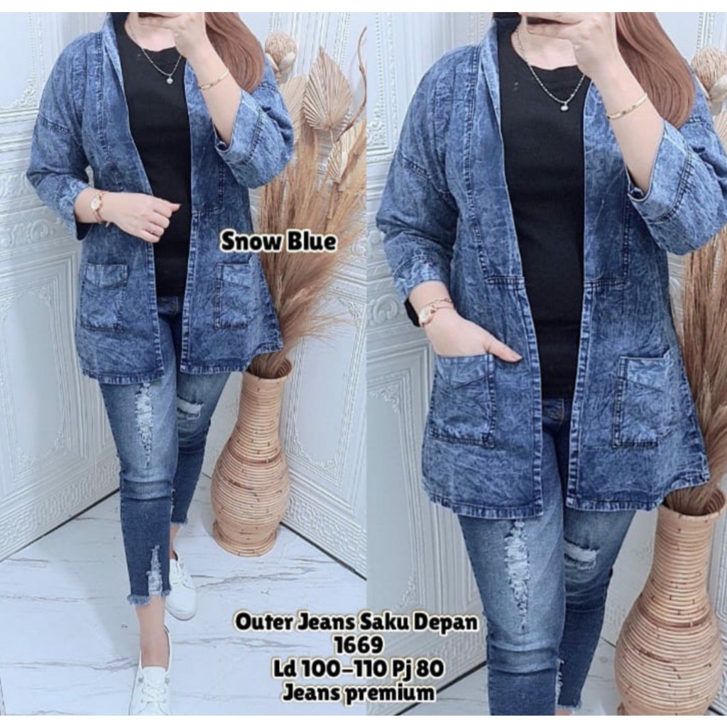 Outer jeans snow kode 1669, ada saku, jumbo 3L ld100-110 pj80 lengan panjang
