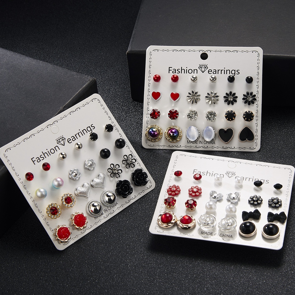 12 Pasang / Set Anting Stud Mutiara Berlian Bentuk Bulat Gaya Korea Untuk Wanita