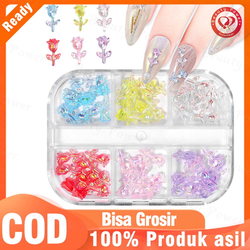 6 Sekat / Kotak Bunga Mawar Resin 3d Multiwarna Dekorasi Nail Art / Manicure Diy  kuku dekorasi