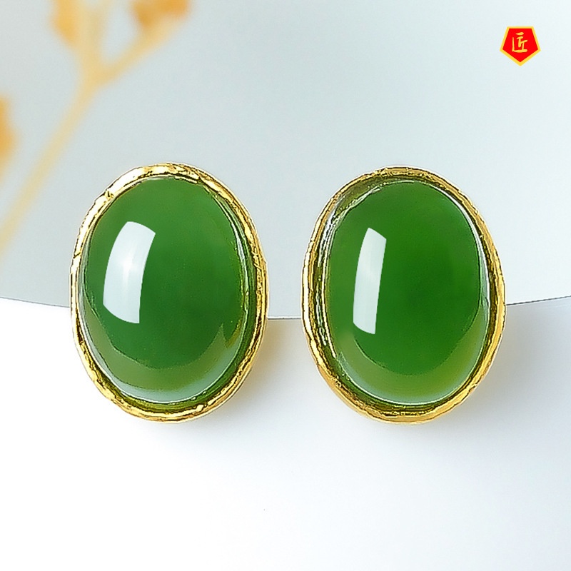 [Ready Stock]Elegant Exquisite 999 Gold Hetian Jade Agate Earrings