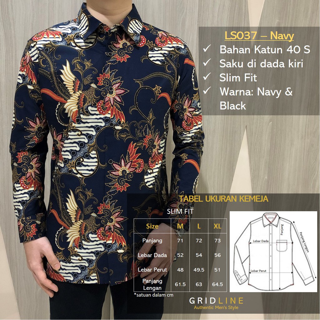 [GRIDLINE - LS072 Dark Navy &amp; Midnight Black - LS096 Black] Baju Kemeja Batik Slimfit Pria Lengan Panjang FULL KATUN Konstruksi 40S  Modern Stylish Elegant Premium Best Seller