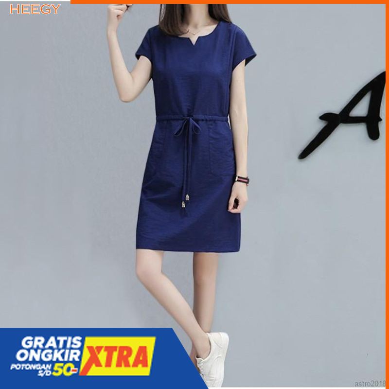 Dress Casual V Neck Lengan Pendek Solid Color Klasik Gaya Wanita Korea