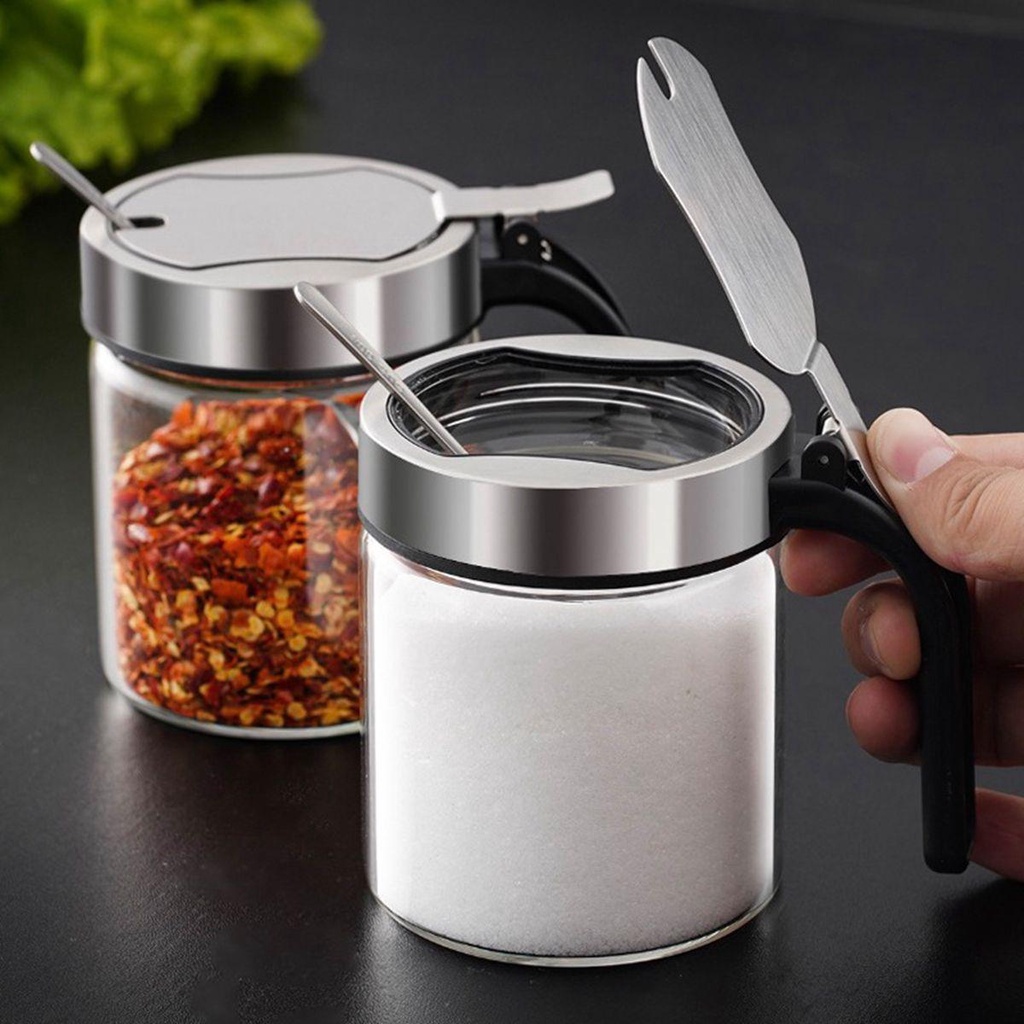 [Elegan] Toples Bumbu Garam Gula Dengan Sendok Organizer Stainless Steel Anti-Moisture Condiment Pot