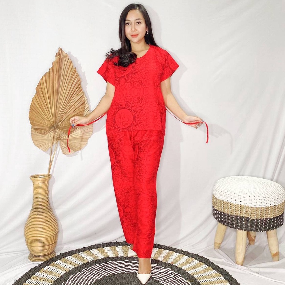 Daster Babydoll Panjang Bali-SET AKAR BULAT MERAH