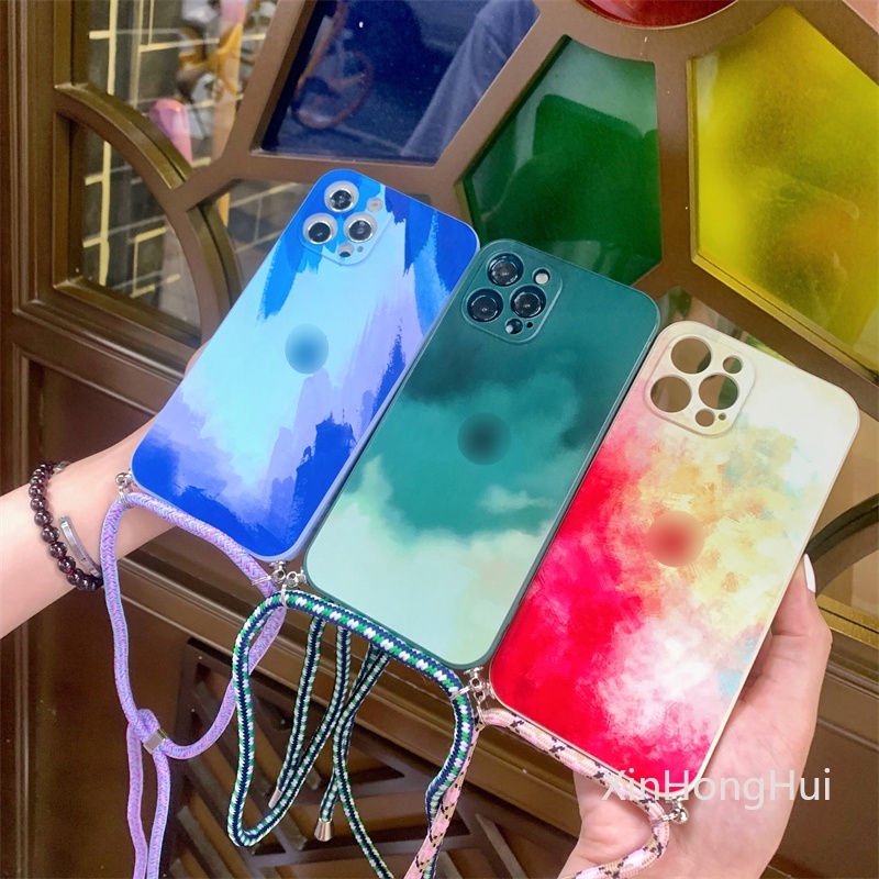 Warna Air Silicone Cover Pelindung All-Inclusive Soft Shell Dengan Lanyard Anti-Lost Ponsel Case Untuk IPhone 11 12 Pro Max Mini 7 8 SE2 Plus X Xr Xs Max