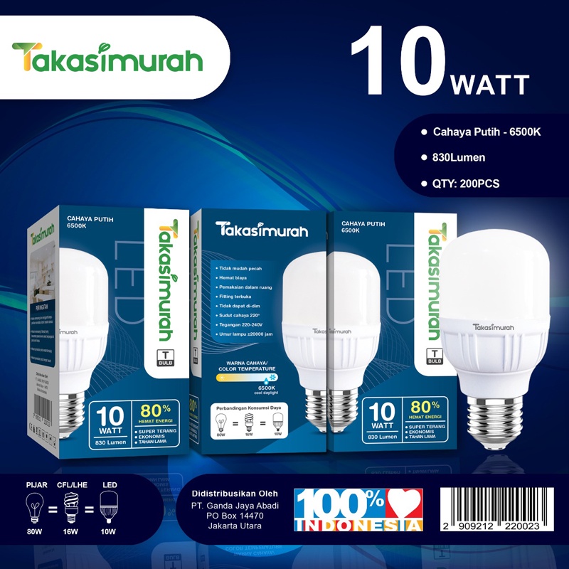TAKASIMURAH Lampu LED Bulb T 5 WATT 10 WATT 15 WATT 20 WATT 30 WATT 40 WATT Putih Hemat energi awet tahan lama STAR LED