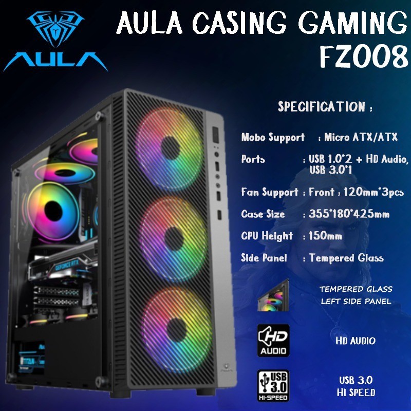 CASING AULA GAMING FZ008 FZ 008 Free Fan 3 RGB mATX ATX