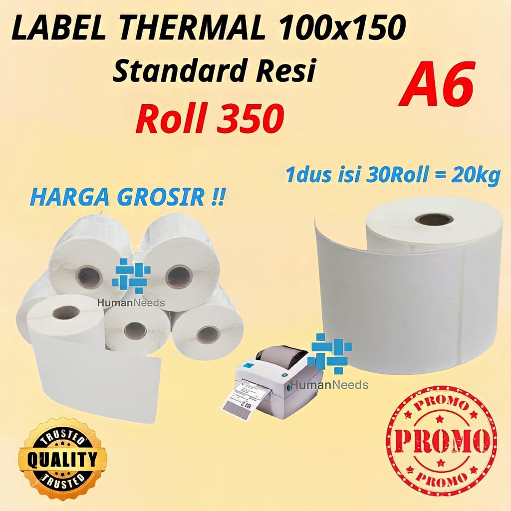 Kertas Thermal Label Sticker Barcode 100x150 A6 Roll 350PCS/Stiker Termal 100 x 150 350lbr tanpa Ribbon